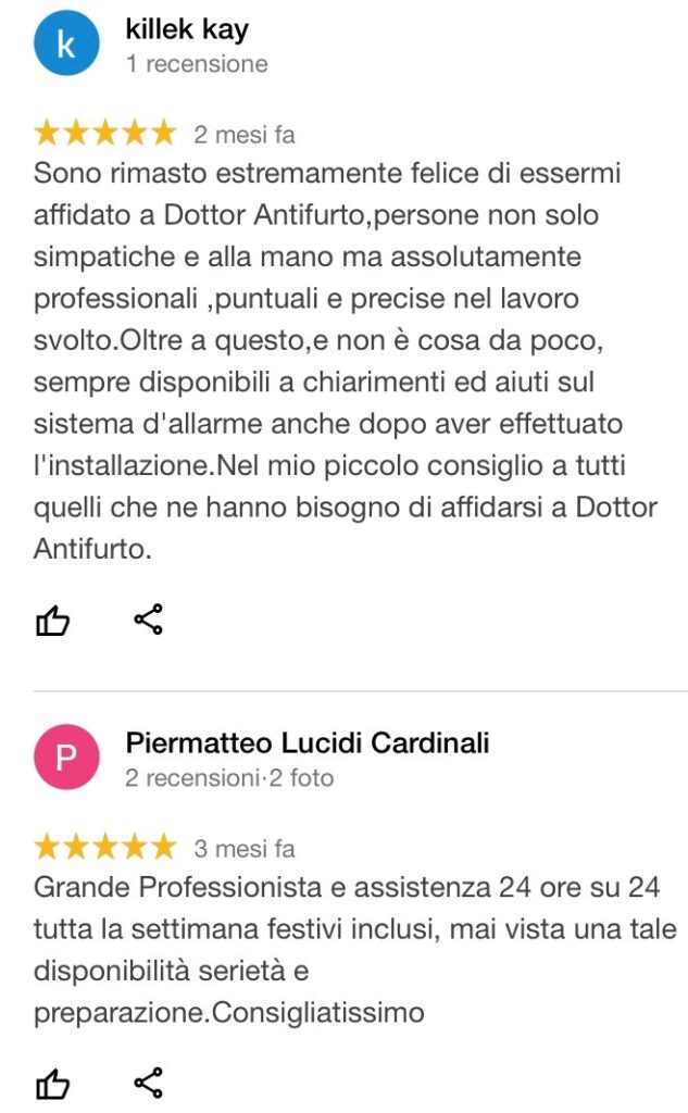 recensioni positive dottor antifurto professionista allarmi sicurezza videosorveglianza