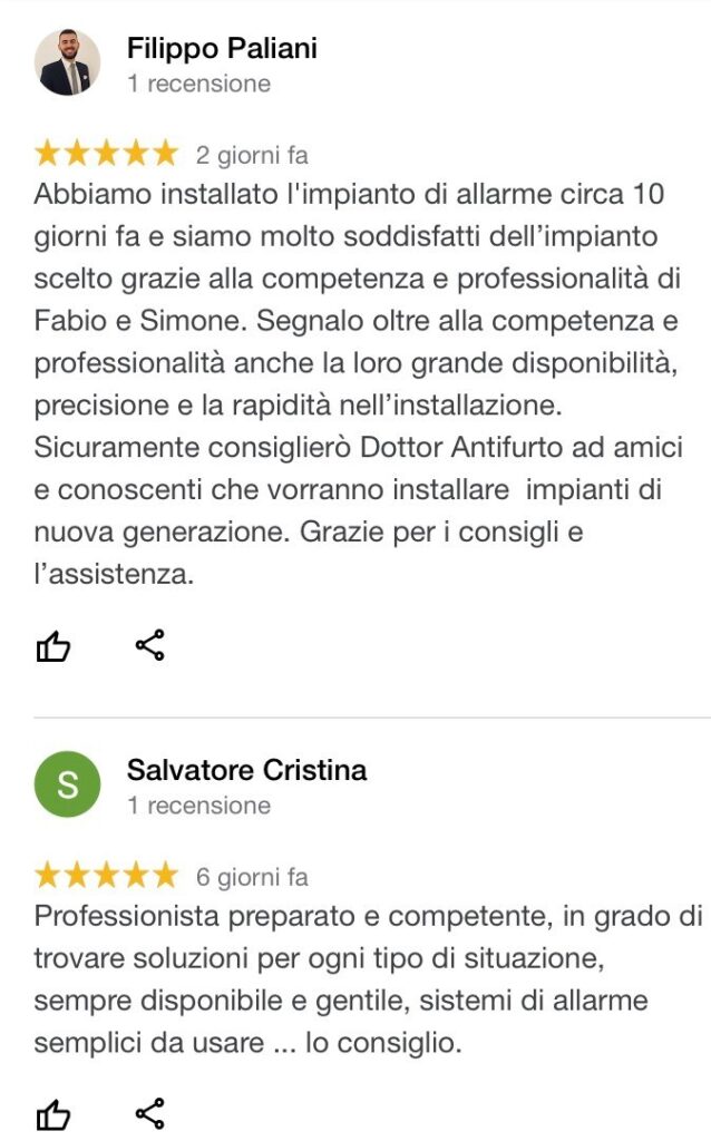 Recensioni positive dottor antifurto allarmi e telecamere