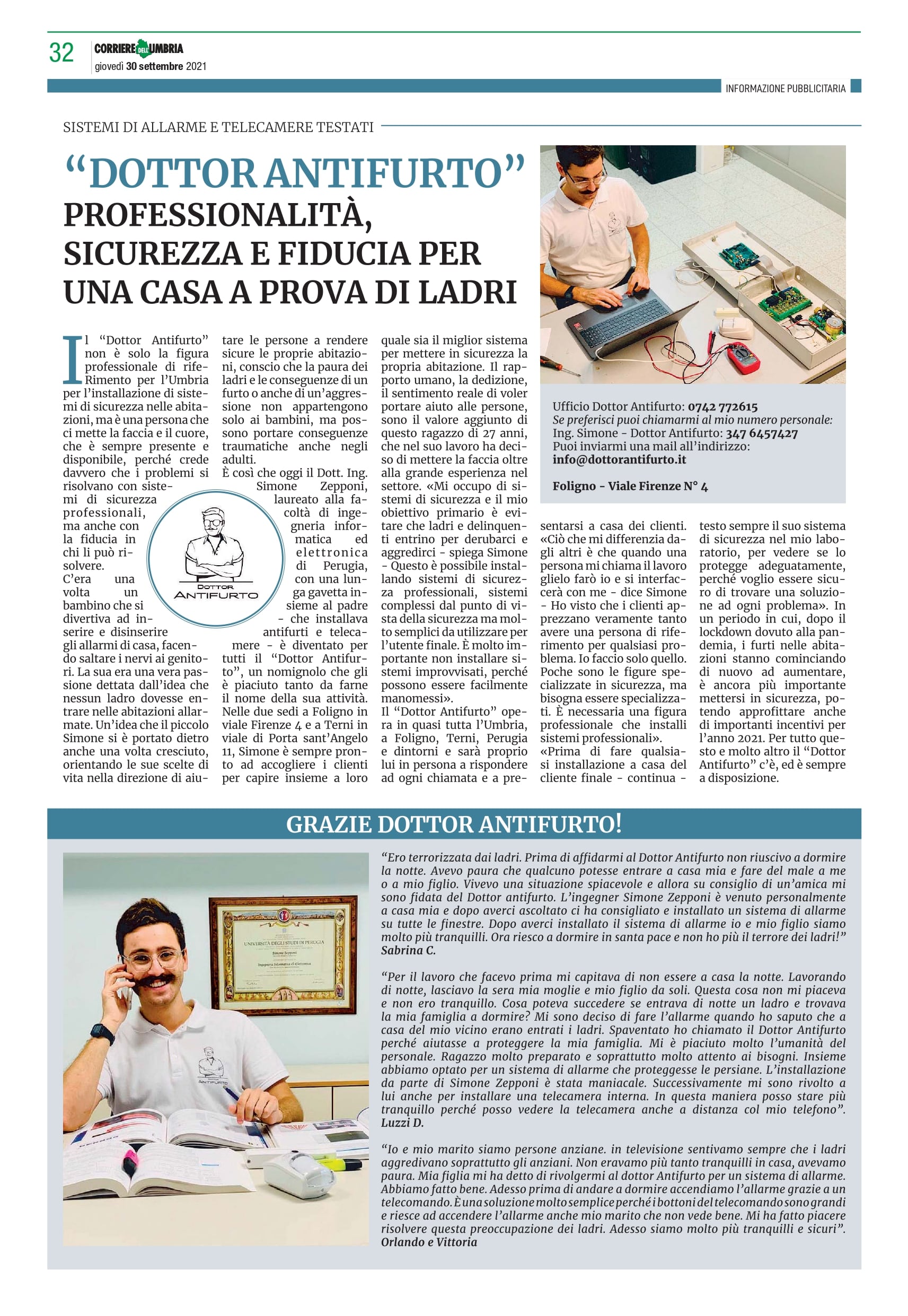 ARTICOLO CORRIERE DELL'UMBRIA SETTEMBRE 2021 DOTTOR ANTIFURTO